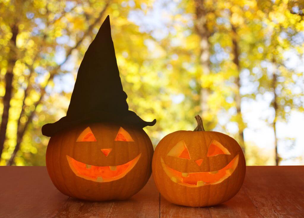 close up of pumpkins on table outdoors