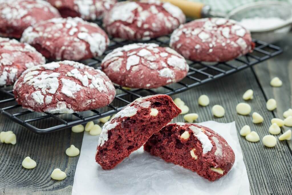 Red velvet crinkle cookies with white chocolate chips